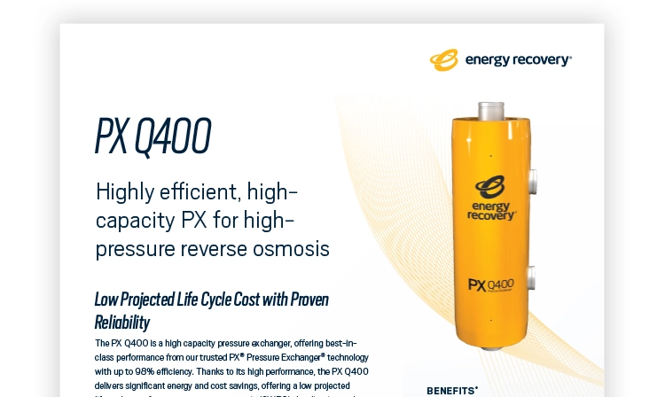 Promotional flyer for the Energy Recovery PX Q400 pressure exchanger.