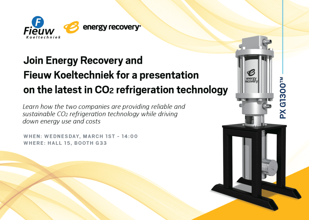 Graphic that says "Join Energy Recovery and Fieuw Koeltechniek for a presentation on the latest in CO2 refrigeration technology"
