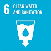 Graphic that states "6 Clean Water and Sanitation" with an icon of a cup filled with water with and arrow below it pointing down