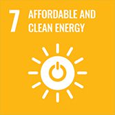 Graphic that states "7 Affordable and Clean Energy" with an icon of a power button in the middle of a sun