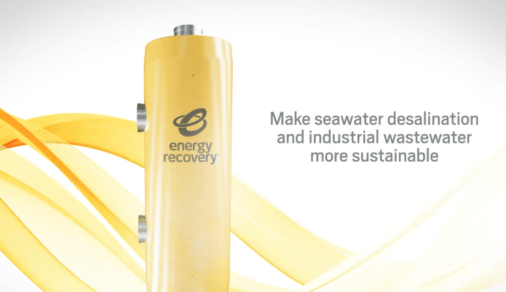An Energy Recovery Device next to "Make seawater desalination and industrial wastewater more sustainable"