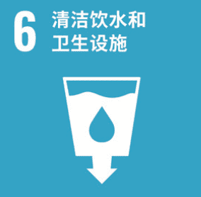 图形上注明 “6 项清洁水和卫生设施”，旁边有一个装满水的杯子的图标，下方有一个向下的箭头