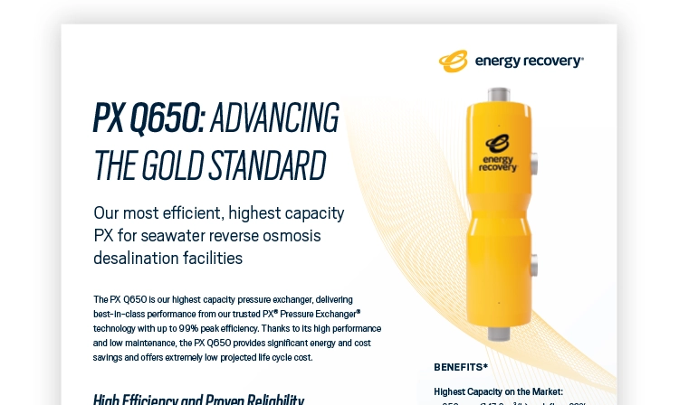 Promotional flyer for the Energy Recovery PX Q650 pressure exchanger.