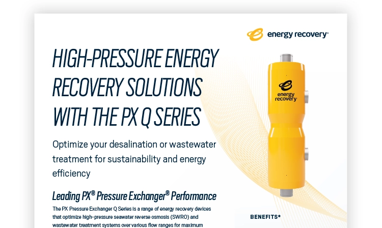 Promotional flyer for Energy Recovery’s PX Q Series high-pressure energy recovery solutions.