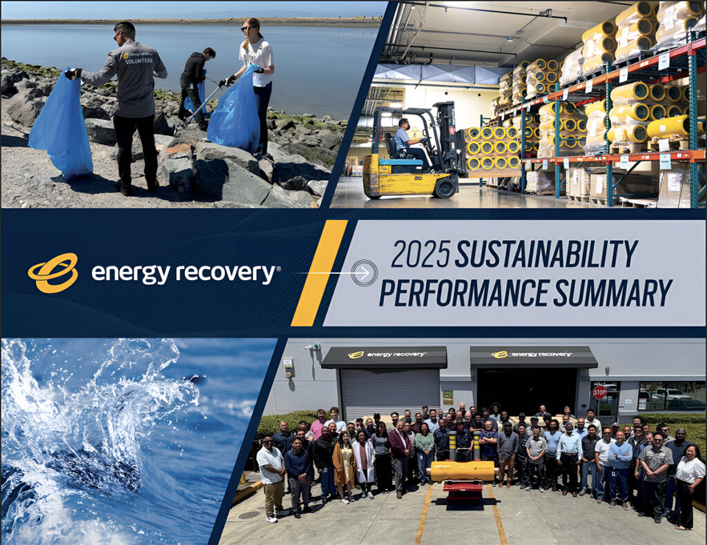 Energy Recovery 2025 Sustainability Performance Summary cover featuring volunteers cleaning a rocky shoreline, a forklift in a warehouse stocked with industrial equipment, ocean waves, and employees gathered outside an Energy Recovery facility.